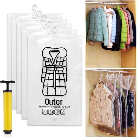 Lot de 5 Sacs de Rangement Sous Vide à Suspendre pour Vêtements, 67 X 110CM Sacs Transparents pour Vêtements avec Pompe à Air Sac de Compression pour Pardessus D'hiver, Costumes, Robes (1/5)