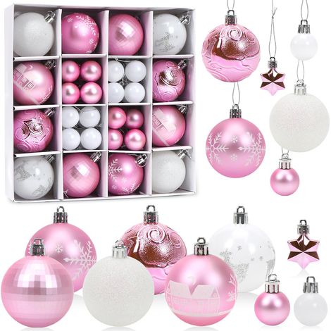 Boules de Noel 44 Pièces, Boule de Noel Rose et Blanc, Decoration Noel Sapin Plastique, Boules et Étoiles de Sapin de Noël, Suspendues Ornements pour Arbre de Noel Maison JardinRose Blanc (1/5)