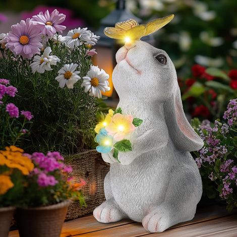 Statue Solaire de Jardin Lapin Ornament Outdoor, Figurine d'animal de Jardin avec Lumière Solaire, Lapin Décoratif pour la Cour, Cadeau de Pendaison de Crémaillère (1/5)