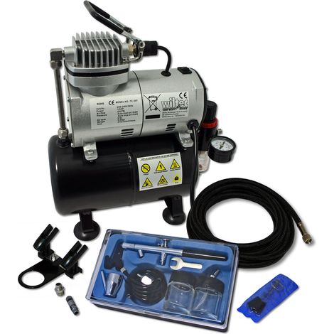 Wiltec Einsteiger Airbrush Kompressor Set AS186 mit 1 Airbrushpistole Typ 128 und umfangreichem Zubehör, 3 l Drucktank, für Modellbau, Tattoos, Nailart