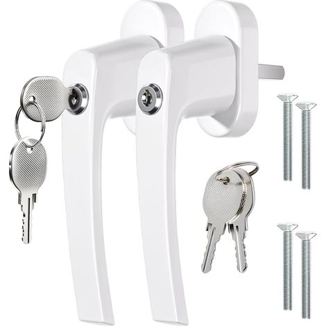 2 white lockable window handles, suitable for inward opening windows, with a hole spacing of 43mm (1/4)