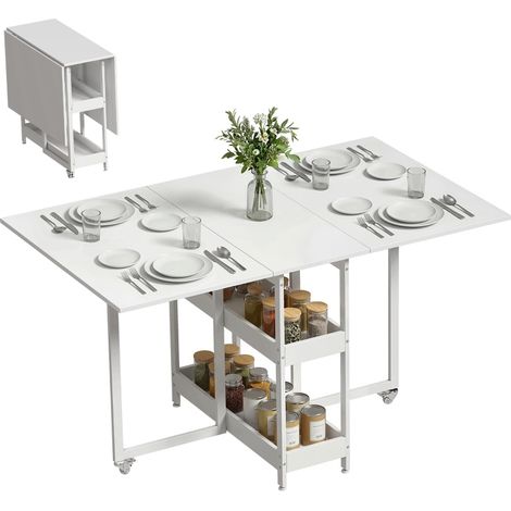 Table de salle à manger pliante de style industriel, pour 4 personnes maximum, étagères ouvertes, modulable, métal, panneaux de particules, blanche (1/5)