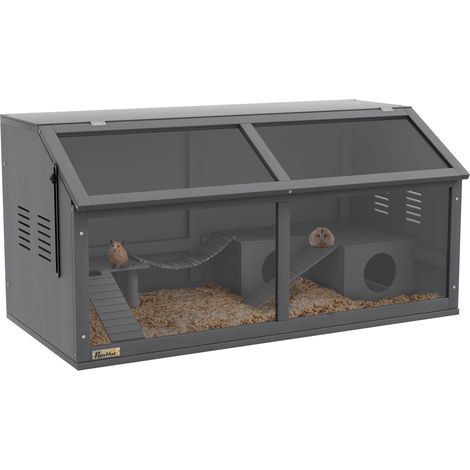Cage pour hamster en bois gris foncé 100 cm avec pont suspendu, échelles, toit ouvrant et rangement, maison spacieuse pour petits rongeurs - CHICFURN (1/5)