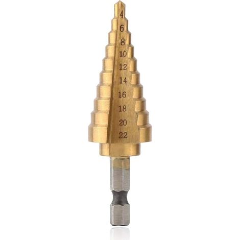 Foret étagé HSS - 4-22 mm - Foret conique - 6,35 mm - Tige hexagonale - Revêtement en titane - Pour bois, plastique, etc. (1/5)