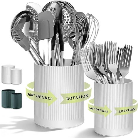 Porte-Utensiles Rotatif 360°, Set de 2- Porte-Ustensiles de Cuisine en Plastique 16+12cm, Grand Recipient à Ustensiles pour Comptoir,Organiseur de pour Spatules, Décoration de Cuisine (Blanc) (1/5)