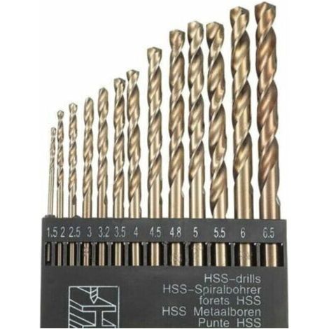 Per trapano, set di 13 punte elicoidali HSS M35 Cobalto Oro per trapani metrici ad alta velocità, da 1,5 mm a 6,5 mm, per forare acciaio inossidabile e metallo - DP