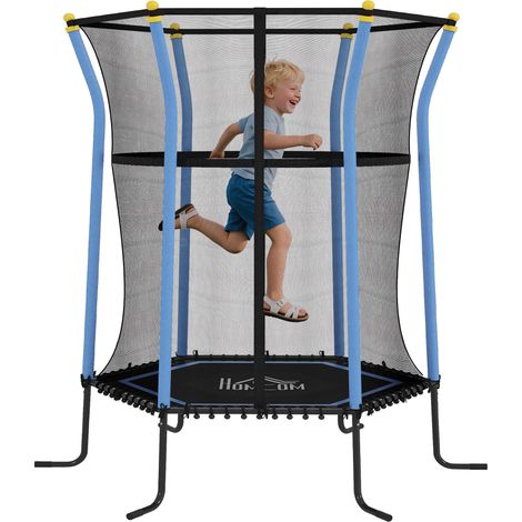 Trampoline pour enfants, Ø 163,5 cm, avec filet de sécurité, rembourré, en acier, charge maximale 50 kg, noir et bleu