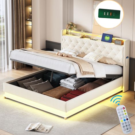 struttura letto 160x200 con USB LED contenitore beige HAVRYA (1/5)