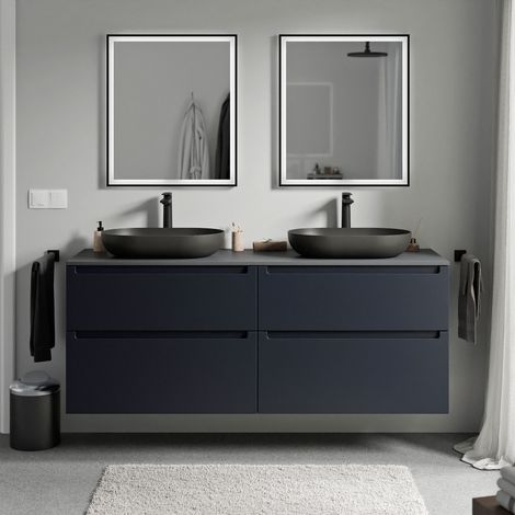BERNSTEIN - Meuble sous vasque suspendu salle de bain MDF Bleu nuit mat, plan vasque Anthracite mat, tiroirs passe-main pivotants - 160x46x62cm - VIREO Anthracite mat, Bleu nuit mat