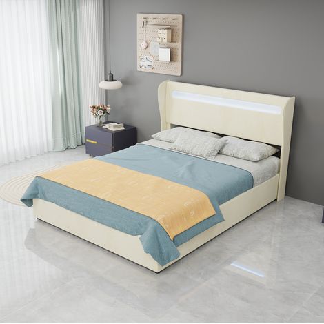Bett 140x200 cm modern gepolstert in Beige mit verstellbarem Kopfteil und LED-Beleuchtung, Metallgestell (1/5)