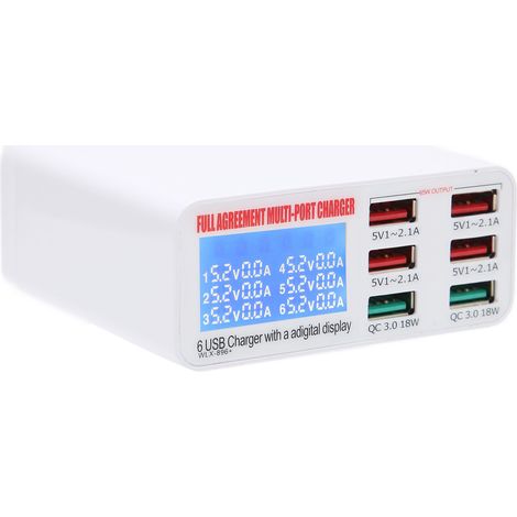 Chargeur Secteur Rapide 6 Ports USB QC3.0 avec Affichage LED - Bloc d'Alimentation Compact 100-240V Prise EU