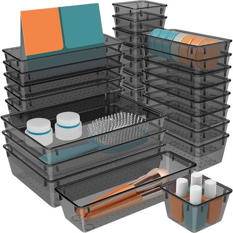 Plateaux de rangement pour tiroirs – empilables tiroir cuisine, organiseurs tiroir, bacs maquillage, cosmétiques, bijoux, gadgets Noir - (1/5)