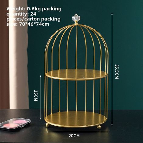 Aufbewahrungsregal in Form eines Vogelkäfigs aus Schmiedeeisen für Toilette, Badezimmer, Kosmetik, Hautpflegeprodukte, Parfüm (Doppelstöckiges Aufbewahrungsregal in Form eines Vogelkäfigs - Gold) (1/5)