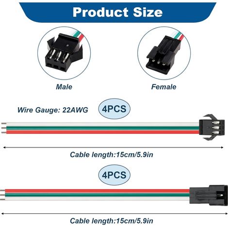 4 Paires de 3 Pin Connecteur Bande LED RGB pour JST SM, Câble 22AWG 15 cm avec Prise 4 PCS Mâle et 4 PCS Femelle, 3 Broches Connecteur LED Strip Compatible avec WS2812B WS2811 SK6812 (1/2)