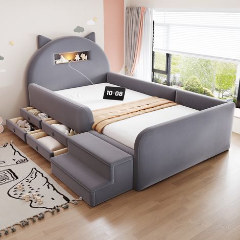 Tkopy - Lit enfant 90x200 - lit enfant avec rangement - lit une place - lit rembourré - avec veilleuse et port USB - avec tiroir de rangement et repose - pieds amovible - gris foncé (1/5)