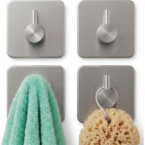Set mit 4 Edelstahlhaken, selbstklebend, kein Bohren erforderlich, quadratisches Design, für Bad und Küche (1/5)