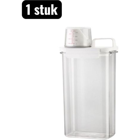 1 boîte de rangement blanche transparente 2300 ml avec couvercle hermétique et gobelet doseur pour détergent lessive et autres produits en poudre résistante à l humidité pour salle de bain cuisine et  (1/5)
