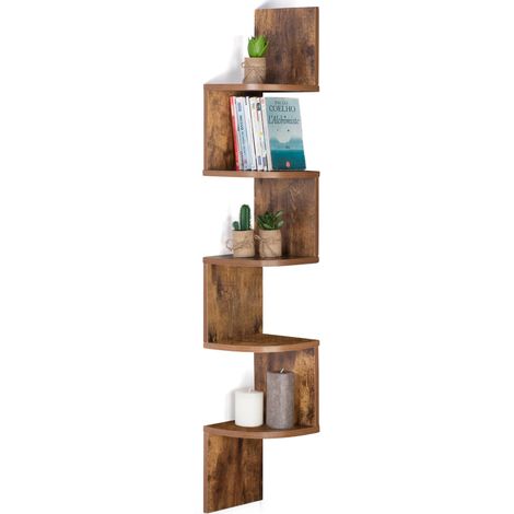 Idmarket – Etagère murale d'angle 5 niveaux – Finition bois vieilli – Dimensions 20x20x120 cm – Kit de fixation inclus – Design industriel (1/5)