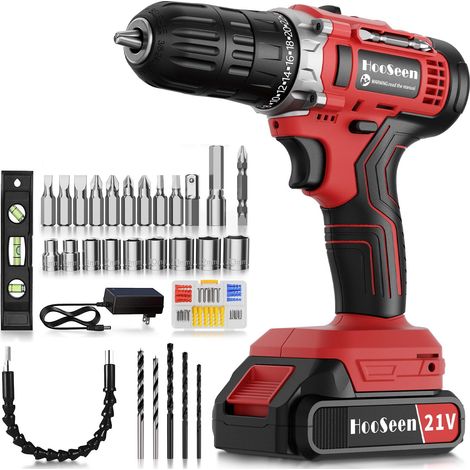 Perceuse Visseuse Devisseuse Sans Fil 21V,25 Accessoires, niveau de couple 24 + 1, 2 vitesses et LED, pince de perçage 10mm pour réparation à domicile, travaux à domicile (1/5)