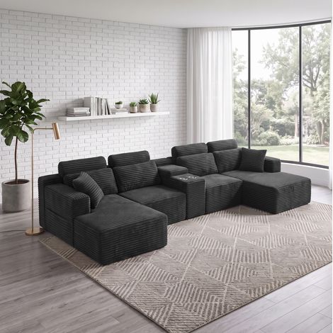 Divano angolare modulare a U 372x151x80 cm in tessuto a coste grigio scuro FloraGrace (1/5)
