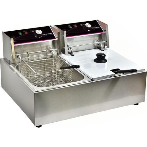Friteuse 6 litres en acier inoxydable, thermostat réglable avec tamis 2500 W (6 l + 6 l) (1/2)