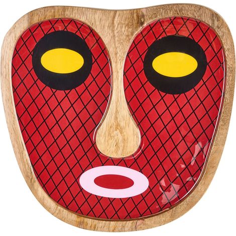 Décoration Murale Bohème en Bois de Manguier Artisanale Motif Abstrait Visage Rouge Katsina