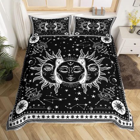 Bohemian Duvet Cover Sun Moon 200 x 200 cm Boho Hippie Bedding Set, Black and White Duvet Cover, Galaxy Trippy Aesthetic Bedding Set, Psychedelic and Mystic Stars (1/5)