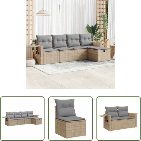 vidaXL Rattan - 5-tlg. Garten-Sofagarnitur mit Kissen Beige Poly Rattan (1/5)