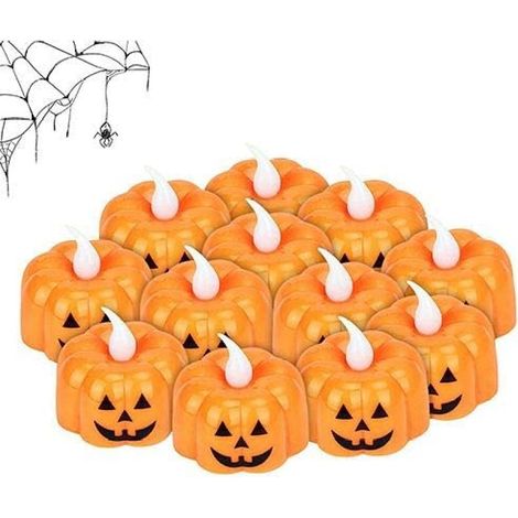 Bougies chauffe-plat citrouille, lot de 12, lumières citrouille d'Halloween, bougies LED sans flamme, fonctionnent sur piles pour décorations d'Halloween, mariages, Noël (Smiley) (1/5)