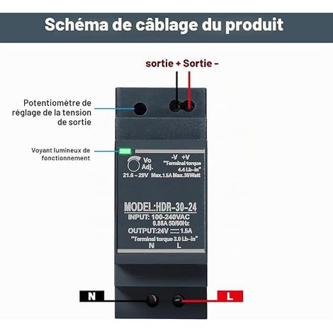 Alimentation sur Rail Din, Rails Bloc d'alimentation DC 24V 1.5A 30W Transformateur pour DIN HDR-30W-24V1.5A (1/3)