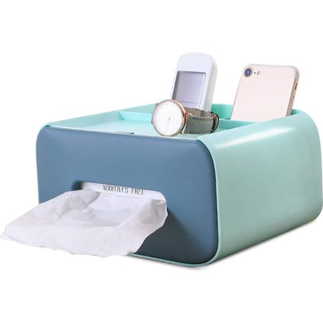 Boîte à mouchoirs rectangulaire double couche multifonctionnelle avec rangement indépendant (bleu)