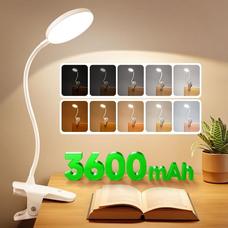 Lampe de chevet sans fil, lampe de lecture avec 5 niveaux de luminosité et 5 températures de couleur, lampe LED rechargeable 3600 mAh, lampe de table sans fil à pince flexible 360°, lampe de table san (1/5)