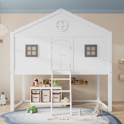 Lit maison enfant superposé 90x200cm - escalier barrières sécurité en747 - pin massifmdf - blanc (1/5)