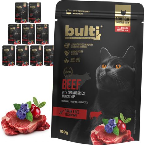 BULTI Superfood, pâtée pour chat au bœuf, canneberges et herbe à chat, 10 x 100 g (1/3)