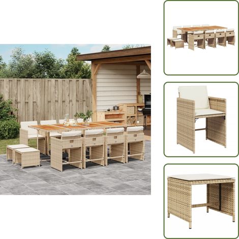 13-tlg. Garten-Essgruppe mit Kissen Beige Poly Rattan - Gartenmöbel Set - Gartentisch - Gartenstühle - Gartenhocker - Rattan Möbel