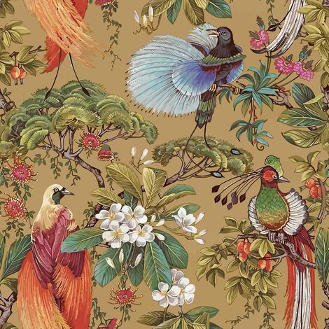 Papier Peint Oiseaux Jaune Ocre Oriental Papier Peint Fleuri Jaune Ocre Chinoiserie 44,5 cm x 300 cm Papiers Peints Decoratifs Chambre Salle de Bain Tropical Forêt Sticker Meuble Amovible (1/5)