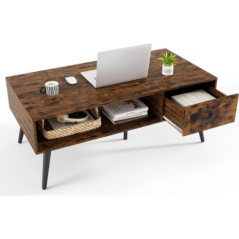 COSTWAY Tavolino da Salotto Rettangolare Design Moderno, Tavolino da Caffè con Cassetto e Mensola Inferiore, Tavolino Basso da Divano con Gambe in Metallo per Soggiorno, 109 x 55 x 42 cm (Marrone) (1/5)
