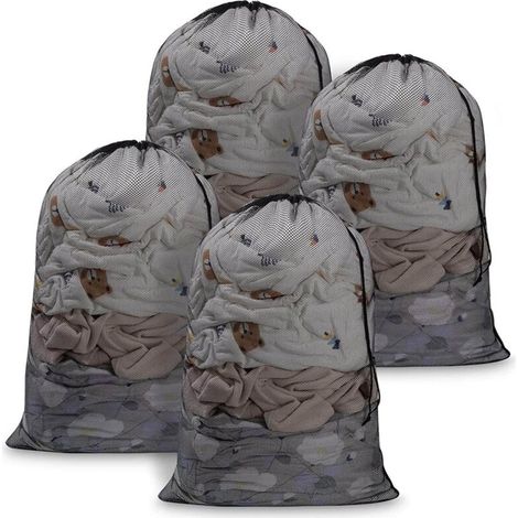 4 sacs à linge noirs 60×90 cm, fermeture à cordon, lavables en machine