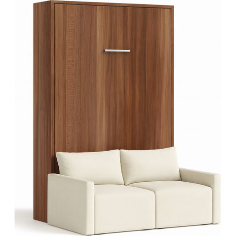 Lit escamotable vertical avec canapé tissu VALENCIA Naturel Sans matelas-80x180-Canapé Naturel-Structure Noyer (1/5)