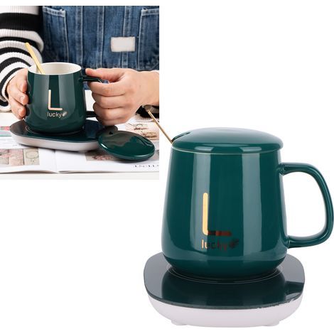 Tasse à Température Constante avec Chauffe-Tasse et Socle Thermostat - 220V (Vert, avec Couvercle, Cuillère et Tapis)