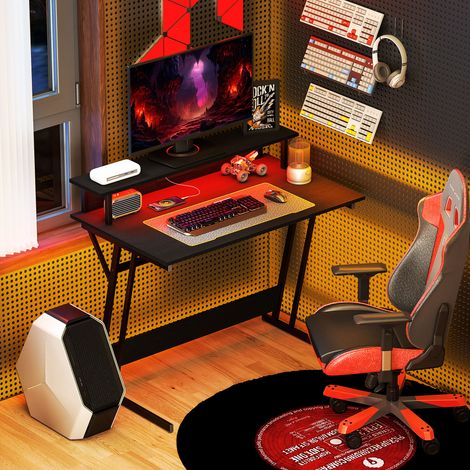 Escritorio para juegos con luces LED y soporte para monitor, mesa de juegos de 100x60 cm para ordenador de 32 pulgadas, escritorio para PC con USB, Tipo-C y mando a distancia para oficina, estudio y h
