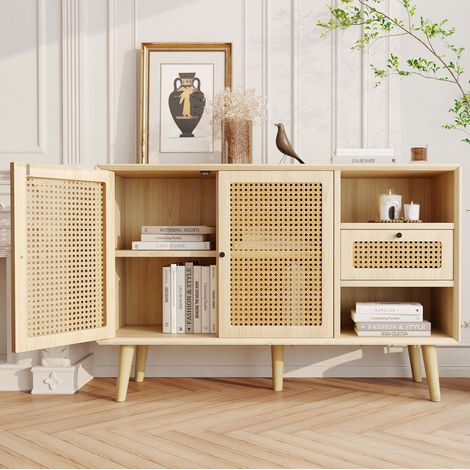 Aparador con 1 cajón y 2 puertas magnéticas, estante ajustable, MDF y ratán, 120x40x80 cm HAVRYA (1/5)
