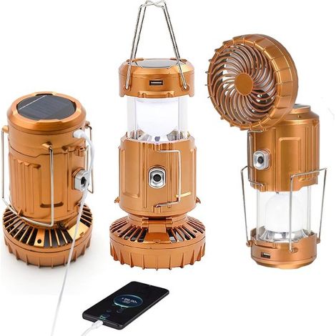 Campinglaterne mit Ventilator，faltbare Taschenlampe/Laterne，USB-aufladbar，solar- und batteriebetrieben，wiederaufladbare Notleuchte (gold) (1/5)