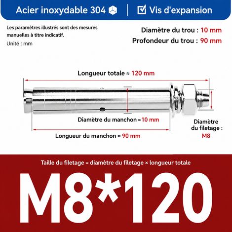 Goujon d'ancrage cheville à expansion M8x120 mm inox 304 perçage 10 mm lot de 5 pièces m8 120 5 pièces 1 kg – Livraison gratuite