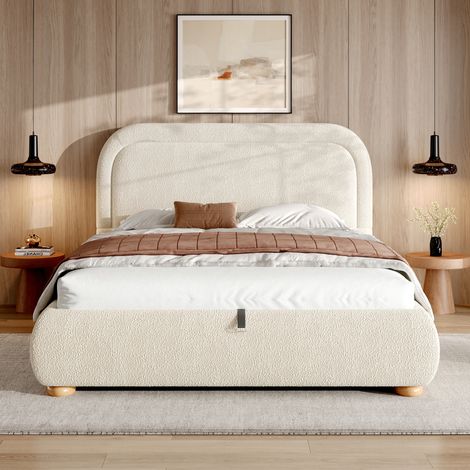 Letto contenitore 140x200 cm con rete, testiera imbottita, bouclé beige HAVRYA (1/5)