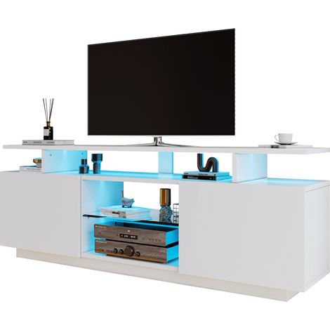 Meuble TV LED blanc 140 cm avec 2 portes haute brillance, 5 niches ouvertes, app Bluetooth, pour téléviseur 60 pouces, en panneau de particules  CHICFURN (1/5)