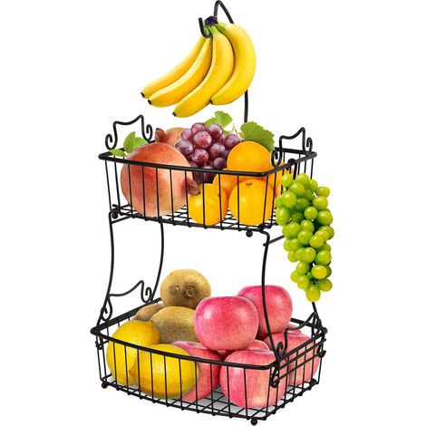 Corbeille à fruits 2 étages en métal avec support banane - Pour fruits contemporains - Pour cuisine quotidienne - Rangement de fruits - Noir (1/5)