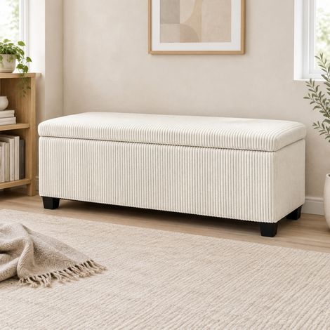 Panca contenitore 112/42/40 cm beige, rivestita in velluto a coste con struttura in acciaio (1/5)
