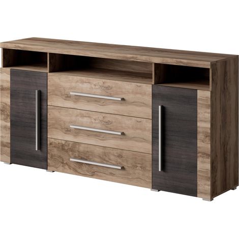 Buffet BRAZZA 2 Türen 3 Schubladen – Farbe Nussbaum Satin – Offene Fächer – 182 cm
