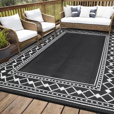 Grand tapis d'extérieur imperméable en paille en plastique, réversible, moderne, géométrique, pour terrasse, facile à nettoyer, tapis d'extérieur pour piscine, jardin, noir, 22,9 x 30,5 cm (1/5)